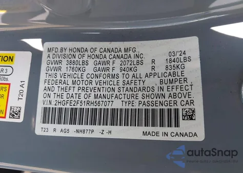 2024 Honda Civic Sport из США, поврежденный, VIN 2HGFE2F51RH567077